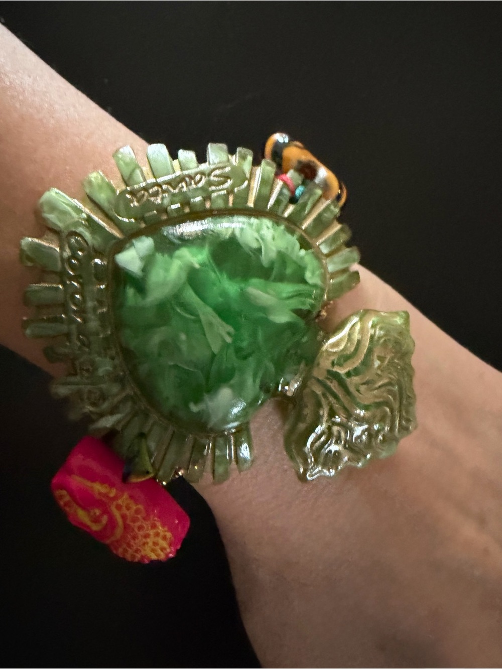 Boho Green Statement Bracelet Buddha Heart Beads Eclectic Artisan Jewelry